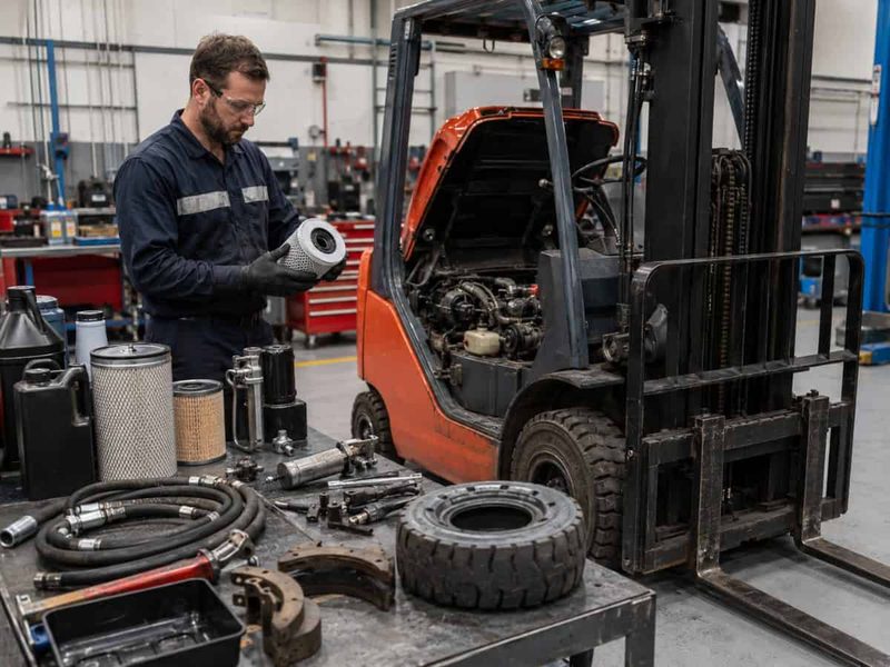 Mecânico revisando peças de manutenção corretiva de empilhadeira